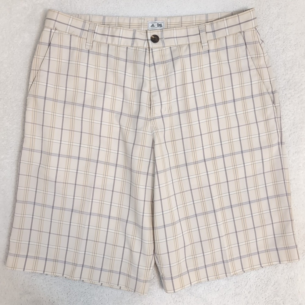 Adidas Golf Shorts Men 34 Plaid Beige Gray‎  Inseam 11" Stretchy